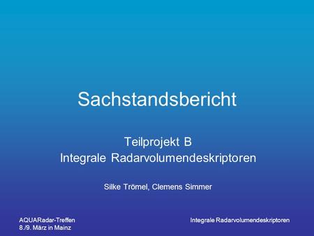 Sachstandsbericht Teilprojekt B Integrale Radarvolumendeskriptoren