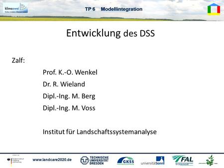 Entwicklung des DSS Zalf: Prof. K.-O. Wenkel Dr. R. Wieland