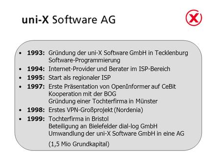 1993: Gründung der uni-X Software GmbH in Tecklenburg Software-Programmierung 1994: Internet-Provider und Berater im ISP-Bereich 1995: Start als regionaler.
