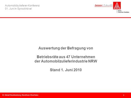 Bezirksleitung NRW IG Metall Bezirksleitung Nordrhein-Westfalen Automobilzulieferer-Konferenz 01. Juni in Sprockhövel 1 Auswertung der Befragung von Betriebsräte.