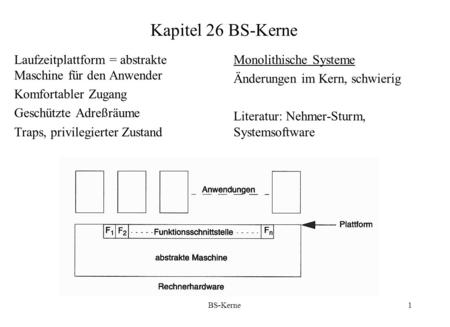Kapitel 26 BS-Kerne Laufzeitplattform = abstrakte Maschine für den Anwender Komfortabler Zugang Geschützte Adreßräume Traps, privilegierter Zustand Monolithische.