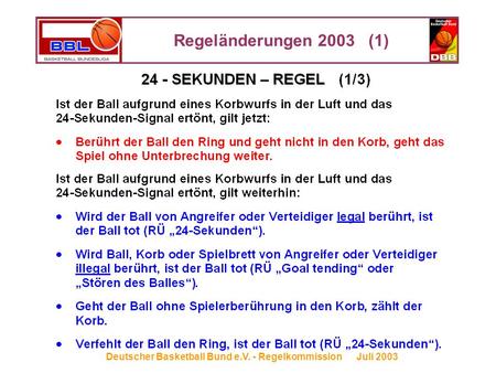 Regeländerungen 2003 (1) Deutscher Basketball Bund e.V. - Regelkommission Juli 2003.