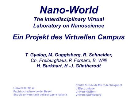Nano-World The interdisciplinary Virtual Laboratory on Nanoscience Ein Projekt des Virtuellen Campus T. Gyalog, M. Guggisberg, R. Schneider, Ch. Freiburghaus,