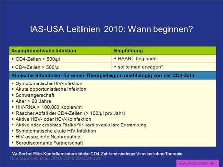 Www.hivandmore.de IAS-USA Leitlinien 2010: Wann beginnen? Asymptomatische InfektionEmpfehlung CD4-Zellen < 500/µl HAART beginnen CD4-Zellen > 500/µl sollte.