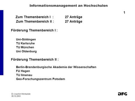 Dr.Joachim Mönkediek 08.10.2003 1 Informationsmanagement an Hochschulen 1 Zum Themenbereich I :27 Anträge Zum Themenbereich II :27 Anträge Förderung Themenbereich.