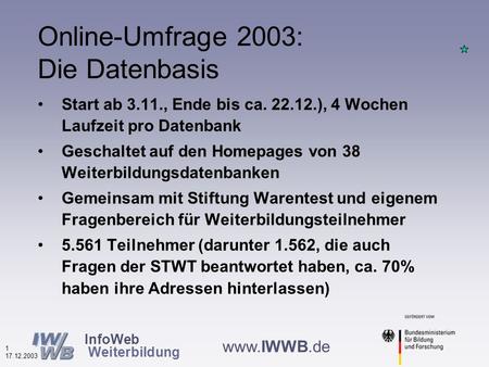 InfoWeb Weiterbildung 0 17.12.2003 www.IWWB.de Nutzung von Weiterbildungsdatenbanken 2003 Ergebnisse einer Online-Befragung von Nutzerinnen und Nutzern.