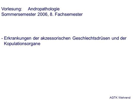 Vorlesung: Andropathologie Sommersemester 2006, 8. Fachsemester - Erkrankungen der akzessorischen Geschlechtsdrüsen und der Kopulationsorgane AGTK Wehrend.