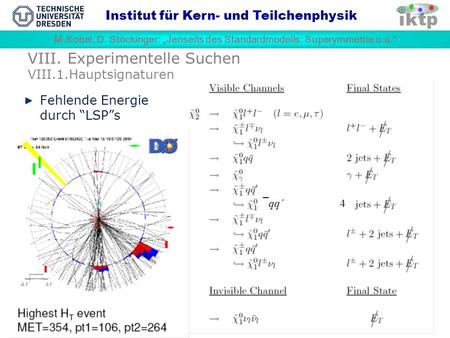 M.Kobel, D. Stöckinger: Jenseits des Standardmodells: Superymmetrie u.a. Institut für Kern- und Teilchenphysik VIII. Experimentelle Suchen VIII.1.Hauptsignaturen.