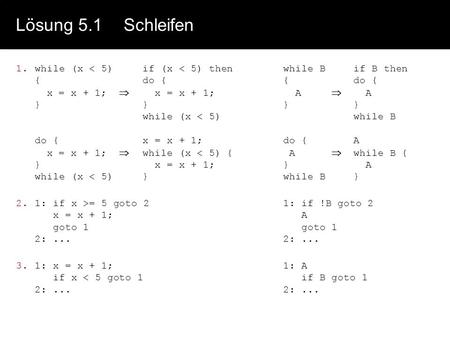 Lösung 5.1Schleifen 1.while (x < 5)if (x < 5) thenwhile Bif B then { do {{do { x = x + 1; x = x + 1; A A }}}} while (x < 5) while B do {x = x + 1;do {A.