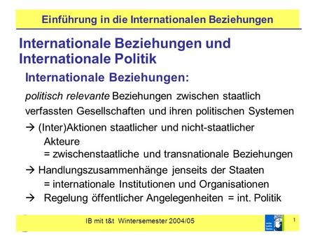 IB mit t&t Wintersemester 2004/05 1 Einführung in die Internationalen Beziehungen Internationale Beziehungen und Internationale Politik Internationale.