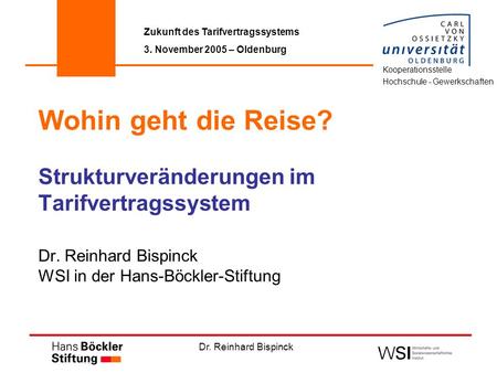 Dr. Reinhard Bispinck Wohin geht die Reise? Strukturveränderungen im Tarifvertragssystem Dr. Reinhard Bispinck WSI in der Hans-Böckler-Stiftung Zukunft.