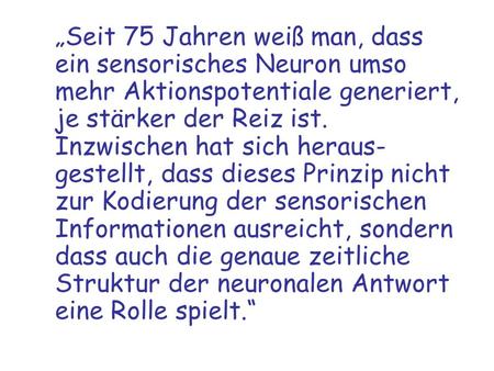 Seit 75 Jahren weiß man, dass ein sensorisches Neuron umso mehr Aktionspotentiale generiert, je stärker der Reiz ist. Inzwischen hat sich heraus- gestellt,