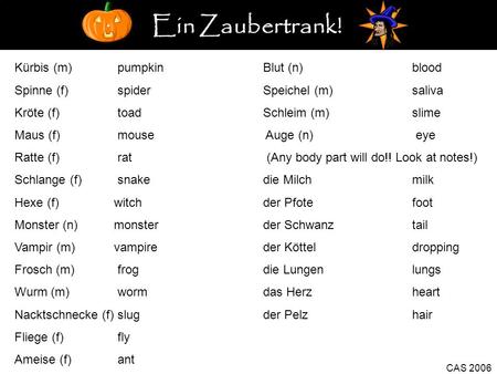 CAS 2006 Kürbis (m) pumpkinBlut (n)blood Spinne (f) spiderSpeichel (m)saliva Kröte (f) toadSchleim (m)slime Maus (f) mouse Auge (n) eye Ratte (f) rat (Any.