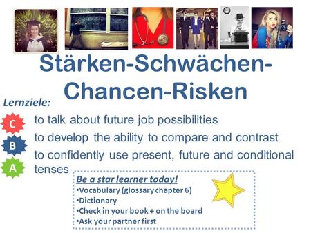 Stärken-Schwächen- Chancen-Risken Lernziele: to talk about future job possibilities to develop the ability to compare and contrast to confidently use present,