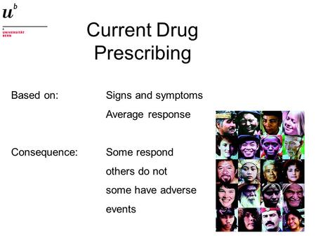 Current Drug Prescribing Based on: Signs and symptoms Average response Consequence:Some respond others do not some have adverse events.