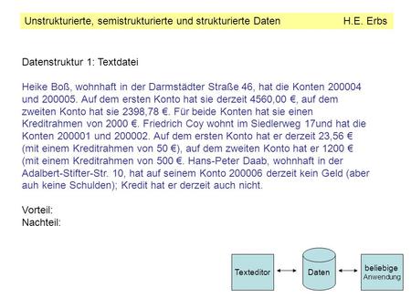 Unstrukturierte, semistrukturierte und strukturierte Daten H.E. Erbs Datenstruktur 1: Textdatei Heike Boß, wohnhaft in der Darmstädter Straße 46, hat die.