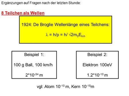 1924: De Broglie Wellenlänge eines Teilchens:  = h/p = h/ 2m0Ekin