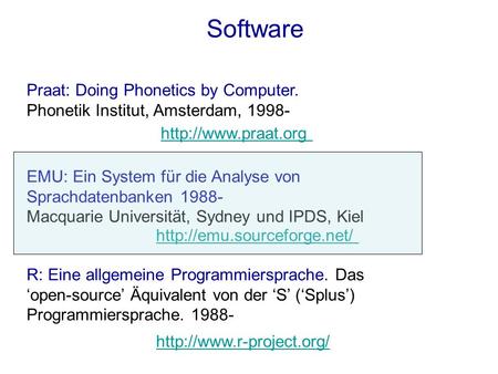 Software Praat: Doing Phonetics by Computer. Phonetik Institut, Amsterdam, 1998- EMU: Ein System für die Analyse von Sprachdatenbanken 1988- Macquarie.