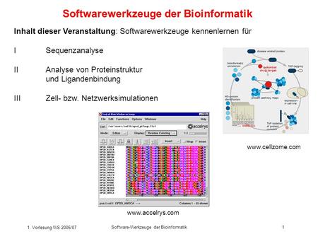 1. Vorlesung WS 2006/07 Software-Werkzeuge der Bioinformatik1 Softwarewerkzeuge der Bioinformatik Inhalt dieser Veranstaltung: Softwarewerkzeuge kennenlernen.