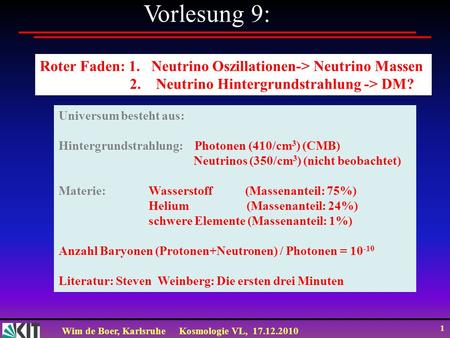 Vorlesung 9: Roter Faden: 1. Neutrino Oszillationen-> Neutrino Massen 2. Neutrino Hintergrundstrahlung -> DM? Universum besteht aus: Hintergrundstrahlung: