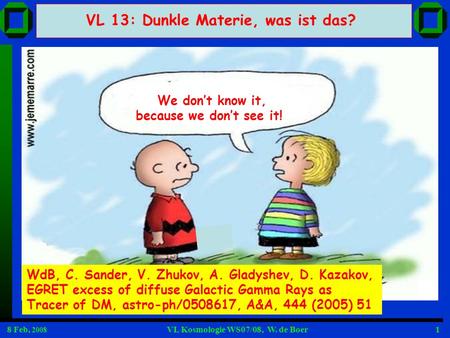 8 Feb, 2008 VL Kosmologie WS07/08, W. de Boer1 We dont know it, because we dont see it! VL 13: Dunkle Materie, was ist das? WdB, C. Sander, V. Zhukov,