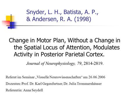 Snyder, L. H., Batista, A. P., & Andersen, R. A. (1998) Change in Motor Plan, Without a Change in the Spatial Locus of Attention, Modulates Activity in.