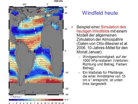 Windfeld heute Beispiel einer Simulation des heutigen Windfelds mit einem Modell der allgemeinen Zirkulation der Atmospähre (Daten von Otto-Bliesner et.