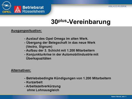 Name / Monat, Jahr / 1 Betriebsrat ANLASS/RUBRIK Rüsselsheim 30 plus -Vereinbarung Ausgangssituation: - Auslauf des Opel Omega im alten Werk. - Übergang.