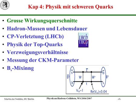 Martin zur Nedden, HU Berlin 1 Physik an Hadron-Collidern, WS 2006/2007 Kap 4: Physik mit schweren Quarks Grosse Wirkungsquerschnitte Hadron-Massen und.