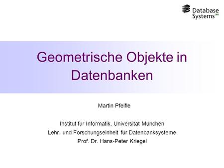 Geometrische Objekte in Datenbanken Martin Pfeifle Institut für Informatik, Universität München Lehr- und Forschungseinheit für Datenbanksysteme Prof.