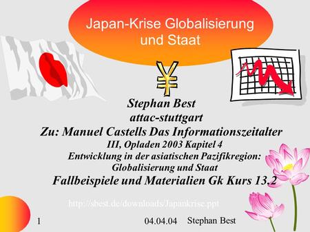 1 Japan-Krise Globalisierung und Staat Stephan Best attac-stuttgart Zu: Manuel Castells Das Informationszeitalter III, Opladen 2003 Kapitel 4 Entwicklung.