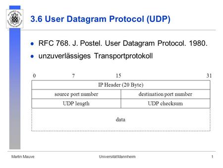 Martin MauveUniversität Mannheim1 3.6 User Datagram Protocol (UDP) RFC 768. J. Postel. User Datagram Protocol. 1980. unzuverlässiges Transportprotokoll.
