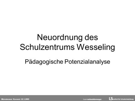 Institut für Schulentwicklung Münsteraner Konvent 22.3.2009 Neuordnung des Schulzentrums Wesseling Pädagogische Potenzialanalyse.
