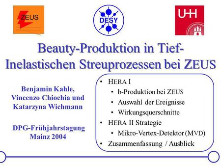 Beauty-Produktion in Tief- Inelastischen Streuprozessen bei Z EUS Benjamin Kahle, Vincenzo Chiochia und Katarzyna Wichmann DPG-Frühjahrstagung Mainz 2004.