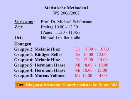 Statistische Methoden I WS 2006/2007 Vorlesung:Prof. Dr. Michael Schürmann Zeit:Freitag 10.00 - 12.30 (Pause: 11.30 - 11.45) Ort:Hörsaal Loefflerstraße.