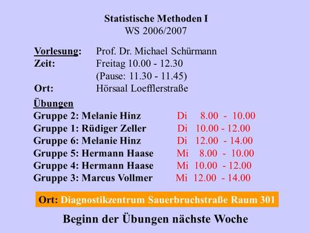 Statistische Methoden I WS 2006/2007 Vorlesung:Prof. Dr. Michael Schürmann Zeit:Freitag 10.00 - 12.30 (Pause: 11.30 - 11.45) Ort:Hörsaal Loefflerstraße.