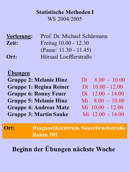 Statistische Methoden I WS 2004/2005 Vorlesung:Prof. Dr. Michael Schürmann Zeit:Freitag 10.00 - 12.30 (Pause: 11.30 - 11.45) Ort:Hörsaal Loefflerstraße.