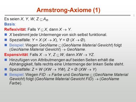 Armstrong-Axiome (1) Es seien X, Y, W, Z Í AR. Basis:
