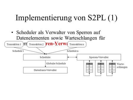 Implementierung von S2PL (1) Scheduler als Verwalter von Sperren auf Datenelementen sowie Warteschlangen für Sperren (Sperren-Verwalter). Transaktion 1Transaktion.