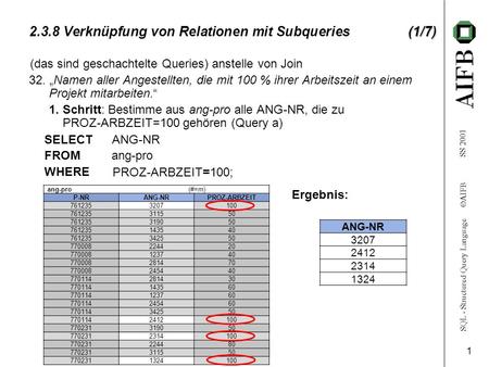 SQL - Structured Query Language AIFB SS 2001 1 (1/7) 2.3.8 Verknüpfung von Relationen mit Subqueries (1/7) 32. Namen aller Angestellten, die mit 100 %