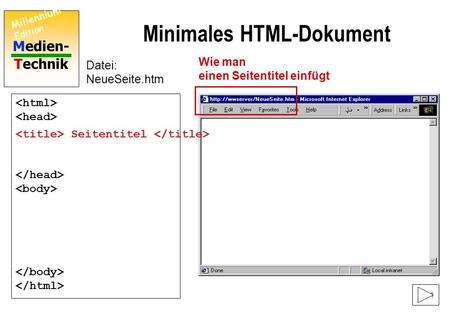 Medien- Technik Millennium Edition 1 Minimales HTML-Dokument Datei: NeueSeite.htm Wie man einen Seitentitel einfügt Seitentitel.