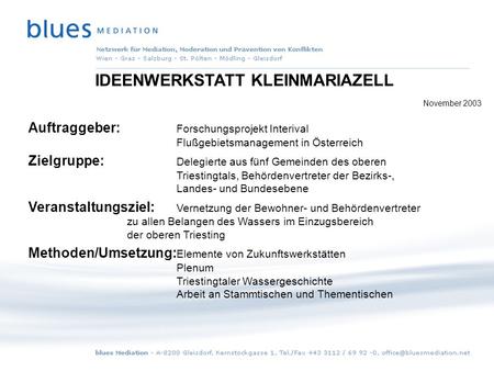 IDEENWERKSTATT KLEINMARIAZELL November 2003 Auftraggeber: Forschungsprojekt Interival Flußgebietsmanagement in Österreich Zielgruppe: Delegierte aus fünf.
