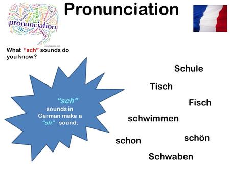 Pronunciation “sch” sounds in German make a “sh” sound. Schule What “sch” sounds do you know? schwimmen Schwaben Tisch schon schön Fisch.
