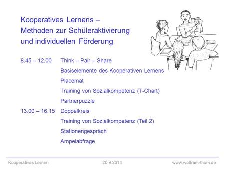 Kooperatives Lernens – Methoden zur Schüleraktivierung und individuellen Förderung 8.45 – 12.00 Think – Pair – Share Basiselemente des Kooperativen.