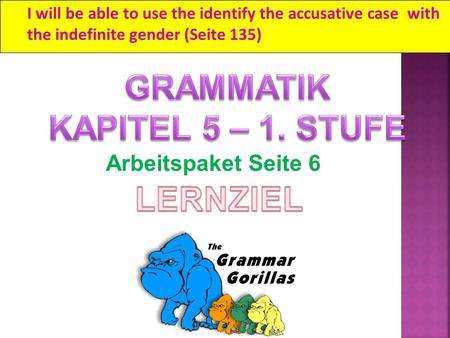 I will be able to use the identify the accusative case with the indefinite gender (Seite 135) Arbeitspaket Seite 6.