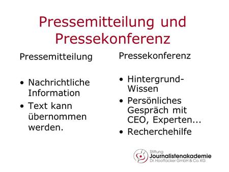 Pressemitteilung und Pressekonferenz Pressemitteilung Nachrichtliche Information Text kann übernommen werden. Pressekonferenz Hintergrund- Wissen Persönliches.
