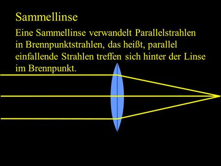Sammellinse Eine Sammellinse verwandelt Parallelstrahlen in Brennpunktstrahlen, das heißt, parallel einfallende Strahlen treffen sich hinter der Linse.