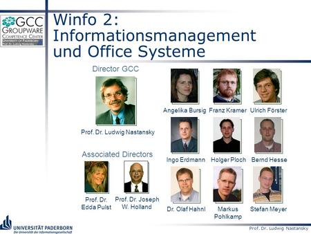 Prof. Dr. Ludwig Nastansky Winfo 2: Informationsmanagement und Office Systeme Prof. Dr. Ludwig Nastansky Ingo ErdmannHolger PlochBernd Hesse Dr. Olaf Hahnl.