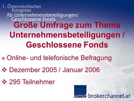 Große Umfrage zum Thema Unternehmensbeteiligungen / Geschlossene Fonds Online- und telefonische Befragung Dezember 2005 / Januar 2006 295 Teilnehmer.