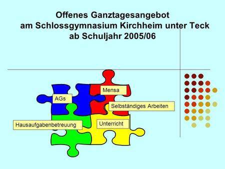 Offenes Ganztagesangebot am Schlossgymnasium Kirchheim unter Teck ab Schuljahr 2005/06 Mensa Hausaufgabenbetreuung Unterricht AGs Selbständiges Arbeiten.